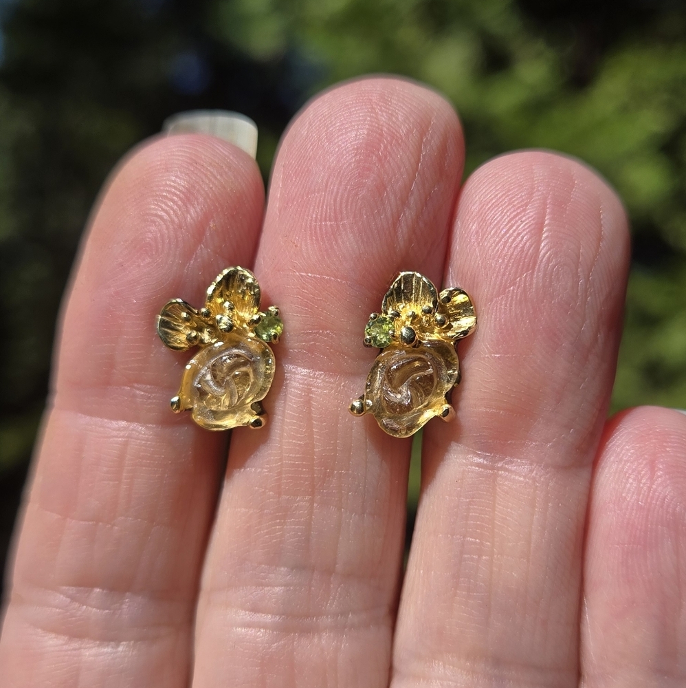 Tourmaline & Peridot Natural Gemstone Sterling Rhodium & Gold Earrings - Picture 3 of 8